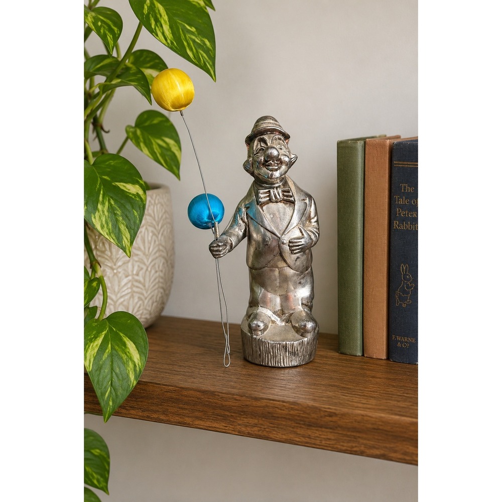 Vintage Silver Plate Circus Clown Balloon Coin Bank Figural Decor Creepy Scary